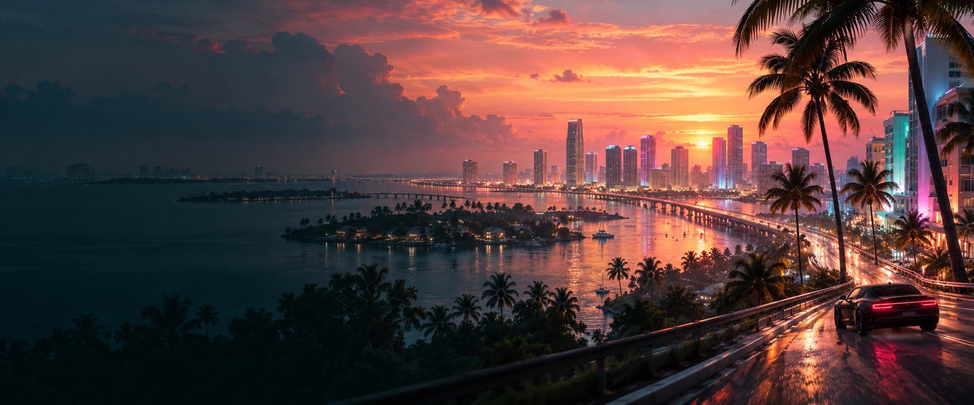 Illustration originale d’une ville côtière au coucher du soleil